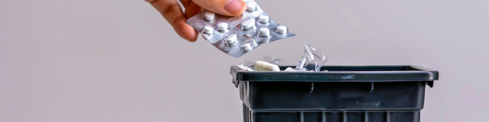 Hand Disposing Unused Medication into Trash Bin