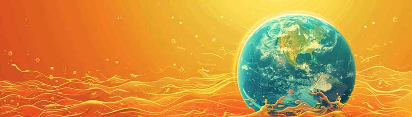 A vibrant Earth with burning sun set against a orange background with heat waves