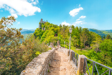 San Marino city view. Fortress on the rock. San Marino landmark. Italy.