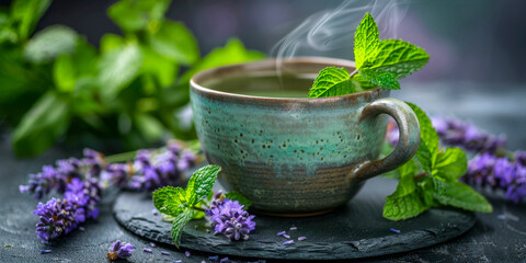 A cup of tea with mint leaves and lavender flowers on a table