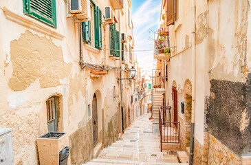 Beautiful old town of Vieste, Gargano peninsula, Apulia region, South of Italy. City sapce