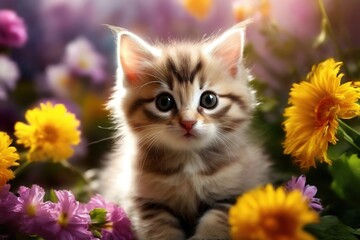 cute kitten among flowers. sunny spring day.