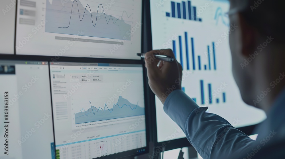 Poster close-up of a financial analyst calculating the return on investment for a solar farm project, using
