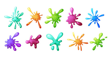 Set of Liquid colorful slime in cartoon style. Fluid mucus drip, splatter or splash isolated on white background. Sticky dribble down, toxic blot. Vector illustration
