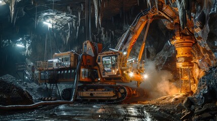 A large machine is in a cave with a lot of smoke