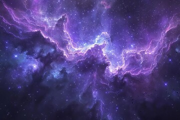 Capture a breathtaking aerial view of a cosmic nebula, blending vibrant purples and blues in a digital painting Show intricate star formations amidst swirling gas clouds