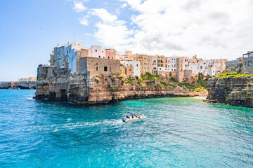 Cityscape of Polignano a Mare beach, Puglia region, Italy, Europe.  Seascape of Adriatic sea