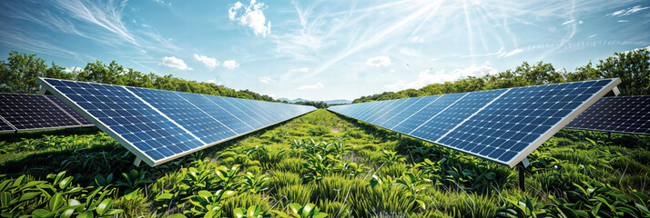 Solar panels standing on a green field collecting sunlight to produce eco-friendly power