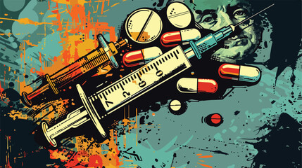 Syringe drugs and money on grunge background Vector style
