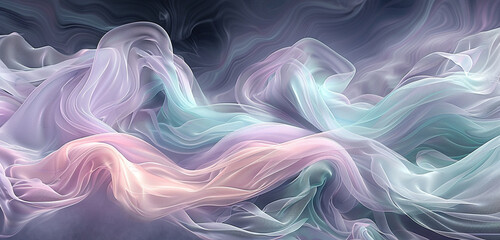 Ethereal swirl of pastel lavender, pink, and blue on a charcoal grey background.