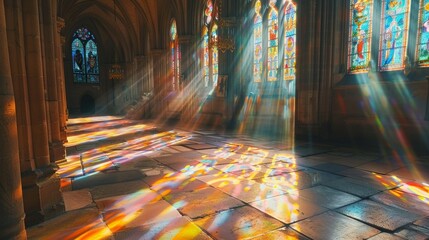 Obraz premium The interior of a grand cathedral during a peaceful moment, sunlight streaming through stained glass windows, casting colorful patterns on the ancient stone floor.