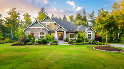 classic two-storey house with flower garden at sunny summer day  dream style, neural network generated image,Stately  home in pacific with ocean views expansive decks hot tub front amazing look
