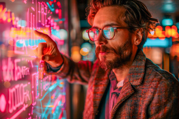 Obraz premium Stylish Man Examining Digital Financial Charts in Neon Lit Environment