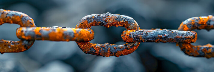 Rusty Chain Links Close Up with Vibrant Orange Rust and Blurred Background