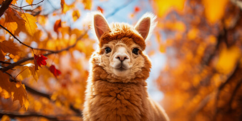 Adorable Alpaca Close Up with Vibrant Autumn Leaves
