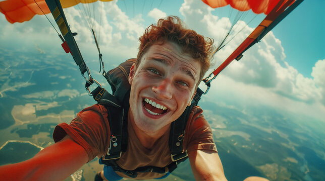 Young smiling redhead man jumping with a parachute. The pleasure and emotions of jumping in the sky and free falling. Sky diving