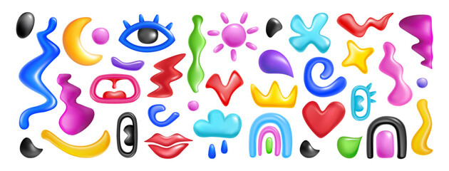 3d element set. Shape abstract, background color render isolated on white glossy elements, liquid doodle, art graphic, design pattern cartoon eye, fun and happy set Memphis creative cute vector fluid