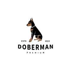 doberman dog sit down logo design illustration