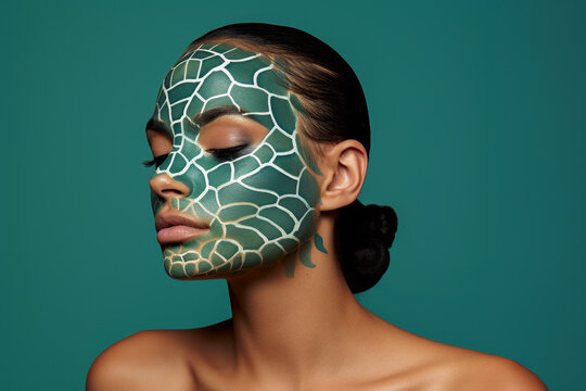A woman with turtle-shell pattern makeup on her forehead against a sea-green background.