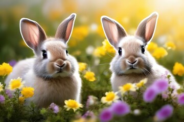 Obraz premium cute rabbits among flowers. sunny spring day.