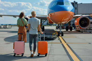 A young couple in casual clothes with two suitcases approach an passenger airplane. AI generative