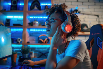 A woman in her late thirties with short curly hair and glasses, wearing headphones is sitting at the computer desk holding her neck in pain