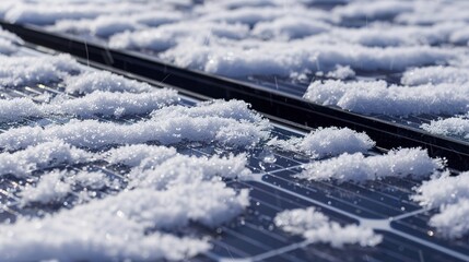 Macro shot of a solar panel covered in snow, illustrating the impact of winter weather on renewable energy generation.
