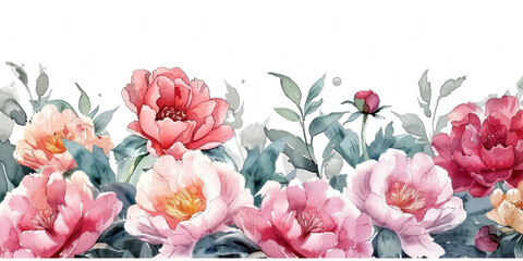 Beautiful watercolor painting of delicate pink peonies with leaves and flowers on a white background