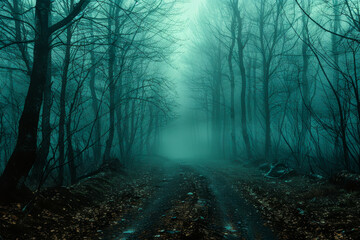 A forest path is shown in the dark with foggy mist