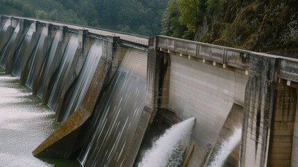 Detailed shot of a hydropower dam managing overflow after heavy rainfall, focusing on water management during weather extremes.