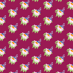 Seamless pattern daisy dragonfly Burgundy background postcards posters banners Spring summer fabric clothing Suitable wrapping paper wallpaper Textile template Vector