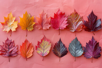 A row of colorful leaves are arranged on a pink background