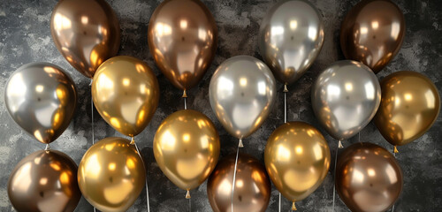 Sophisticated balloon cascade featuring gold and silver tones, set against dark grey for a refined look.
