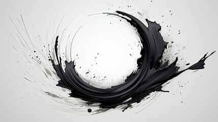 Black Color Liquid Paint of Ink in Japanese Style Circular Traces Thick Line White Background