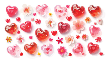 Tasty heart-shaped candies and flowers on white backgroun