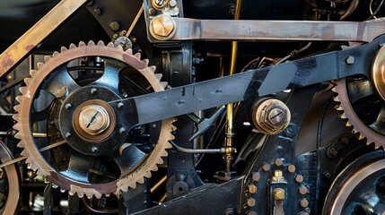 Detailed view of a classic steam engine's pistons and gears, showcasing the mechanical parts that powered the industrial revolution. 