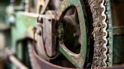 Macro image of a leather belt drive on a vintage factory machine, emphasizing old mechanical energy transfer systems. 
