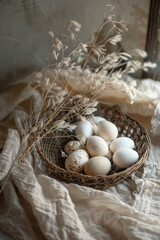 Rustic Basket of Eggs and Dried Grass on Table