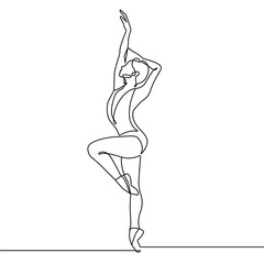 Ballerina Silhouette Continuous One Line Drawing. Woman Dancer Abstract Minimal Outline Illustration. Ballet Concept for Wall Art Decor Continuous One Line Drawing. Vector EPS 10.