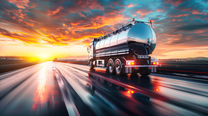 A fuel truck transporting petroleum products drives down a road under a dramatic cloudy sky