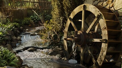 Detailed view of a water wheel turning in a small village stream, illustrating age-old practices of harnessing water power. 