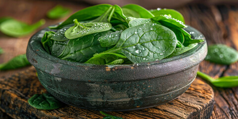 Fresh Spinach Leaves with Water Droplets in Rustic Bowl