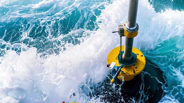 Macro shot of a wave energy converter in action, capturing the device as it harnesses the power of ocean waves.