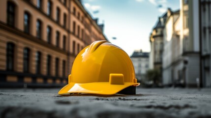 A yellow construction helmet on the background of a building