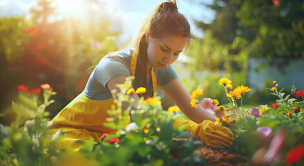 a woman in yellow gardening gloves planting flowers and vegetables in her sunny backyard garden, with a happy expression and soft smile