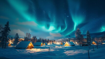 Awe-inspiring northern lights illuminating the entire sky over quaint village with wooden huts