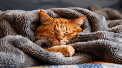 Cozy ginger cat sleeping peacefully under grey blanket
