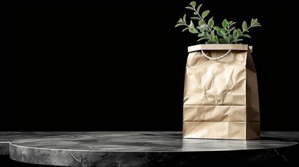 paper bag with groceries, empty background.