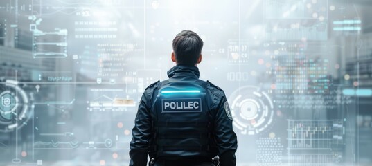 Back view police cop with digital background. Generative AI technology.	
