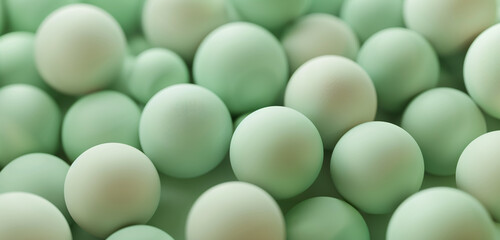 Elegant 3D background with matte finish spheres in sage green and earth tones.